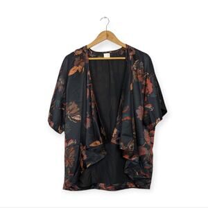A New Day Black Floral Satin Short Sleeve Open Front Kimono Top